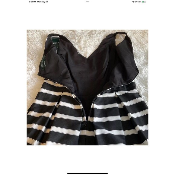 Lauren Ralph Lauren Black/Ivory Stripe Sateen V-Neck Fit & Flare Dress Sz 8 NEW - Picture 6 of 10